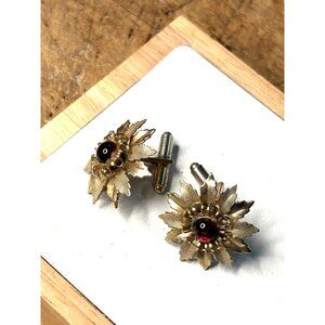 Vintage Gold-Tone Floral Cufflinks With Red Glass Centers